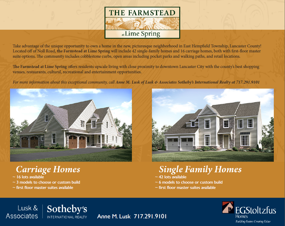 The Farmstead at Lime Spring offers residents upscale living with close proximity to downtown Lancaster City with the county's best shopping venues, restaurants, cultural, recreational and entertainment opportunities.